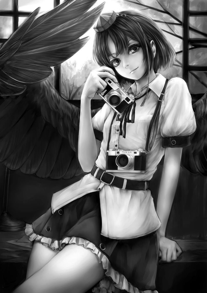 bad_id bad_pixiv_id belt bird_wings black_wings camera dual_wielding frilled_skirt frills greyscale hat hat_ribbon head_tilt highres holding looking_at_viewer monochrome nikon_(company) nishi_masakazu puffy_short_sleeves puffy_sleeves ribbon shameimaru_aya shirt short_sleeves skirt solo tokin_hat touhou wings