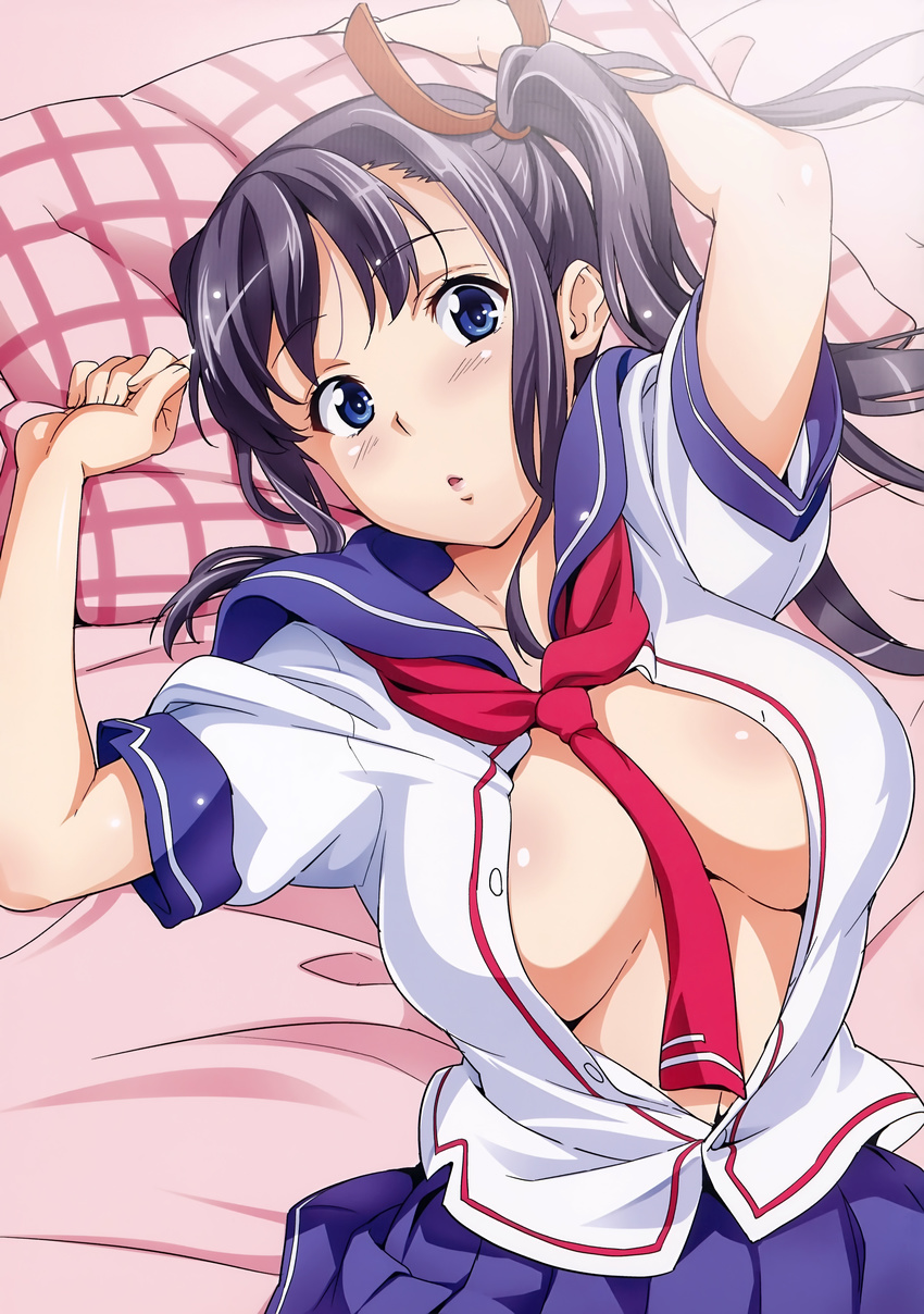 1girl absurdres amaya_haruko bed blue_eyes blush breasts cleavage highres large_breasts lying maken-ki! official_art on_back open_clothes purple_hair solo takeda_hiromitsu