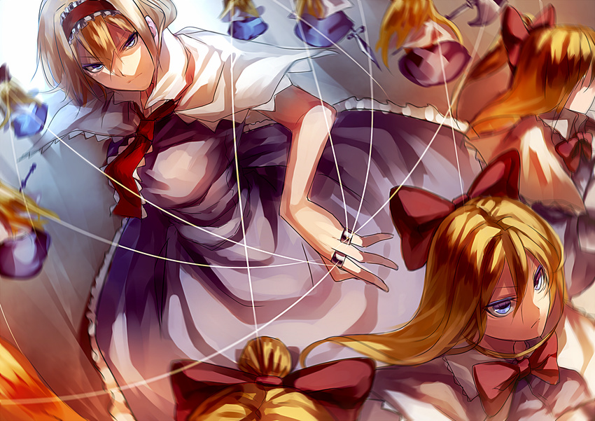 alice_margatroid axe battle_axe blonde_hair blue_dress blue_eyes bow capelet commentary_request dress hair_bow hairband lolita_hairband puppet_rings puppet_strings shaded_face shanghai_doll sword touhou uu_uu_zan weapon