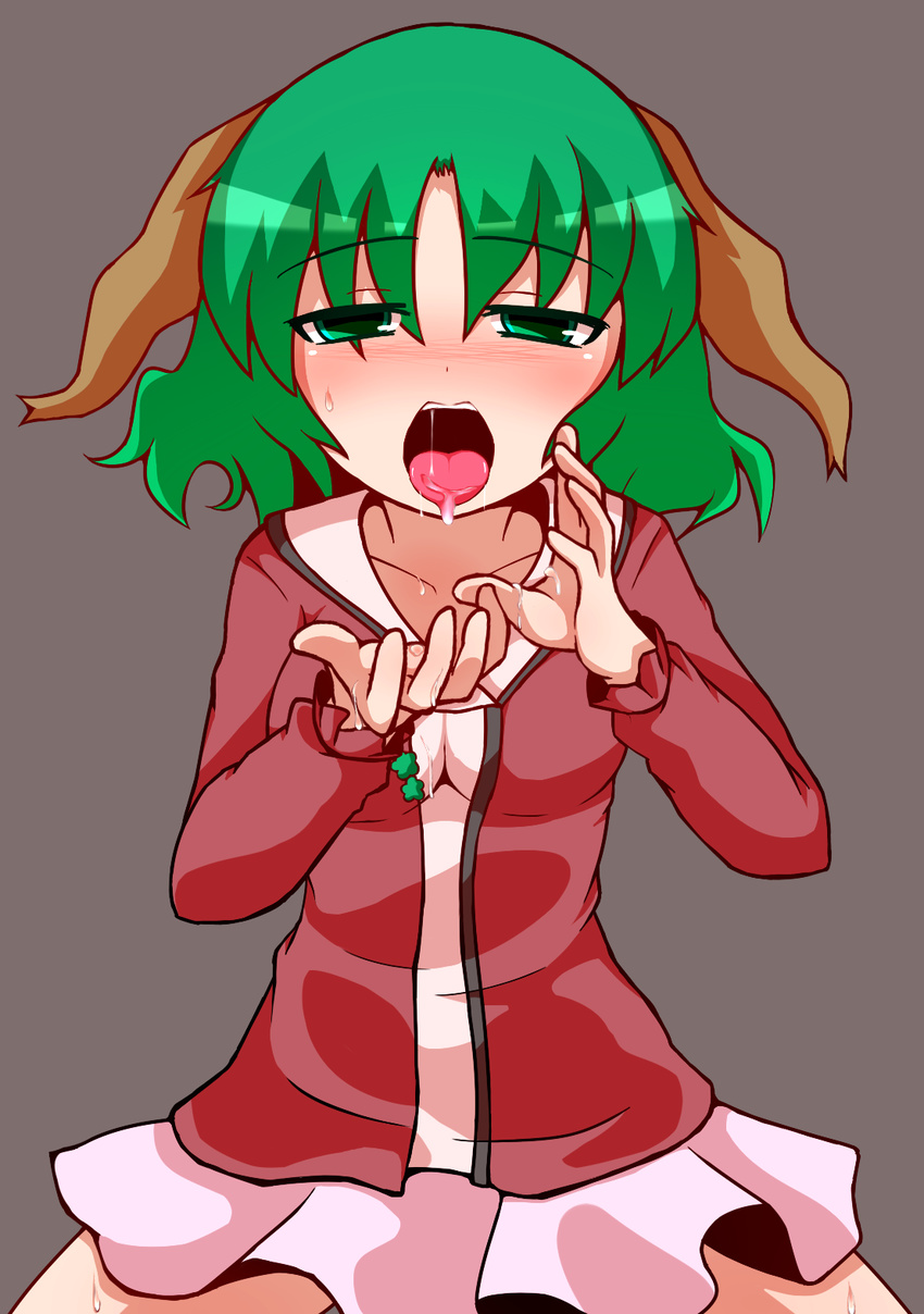 animal_ears blush cupping_hand green_eyes green_hair hato_no_suisou highres kasodani_kyouko open_mouth sexually_suggestive short_hair skirt solo touhou