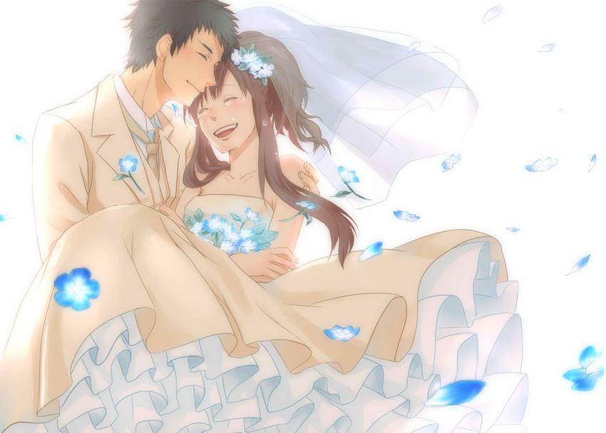 1girl ataharu black_hair bridal_veil brown_hair carrying closed_eyes couple dress happy happy_tears hetero long_hair older ookami_kodomo_no_ame_to_yuki princess_carry short_hair smile souhei_(ookami_kodomo) tears veil wedding wedding_dress yuki_(ookami_kodomo)