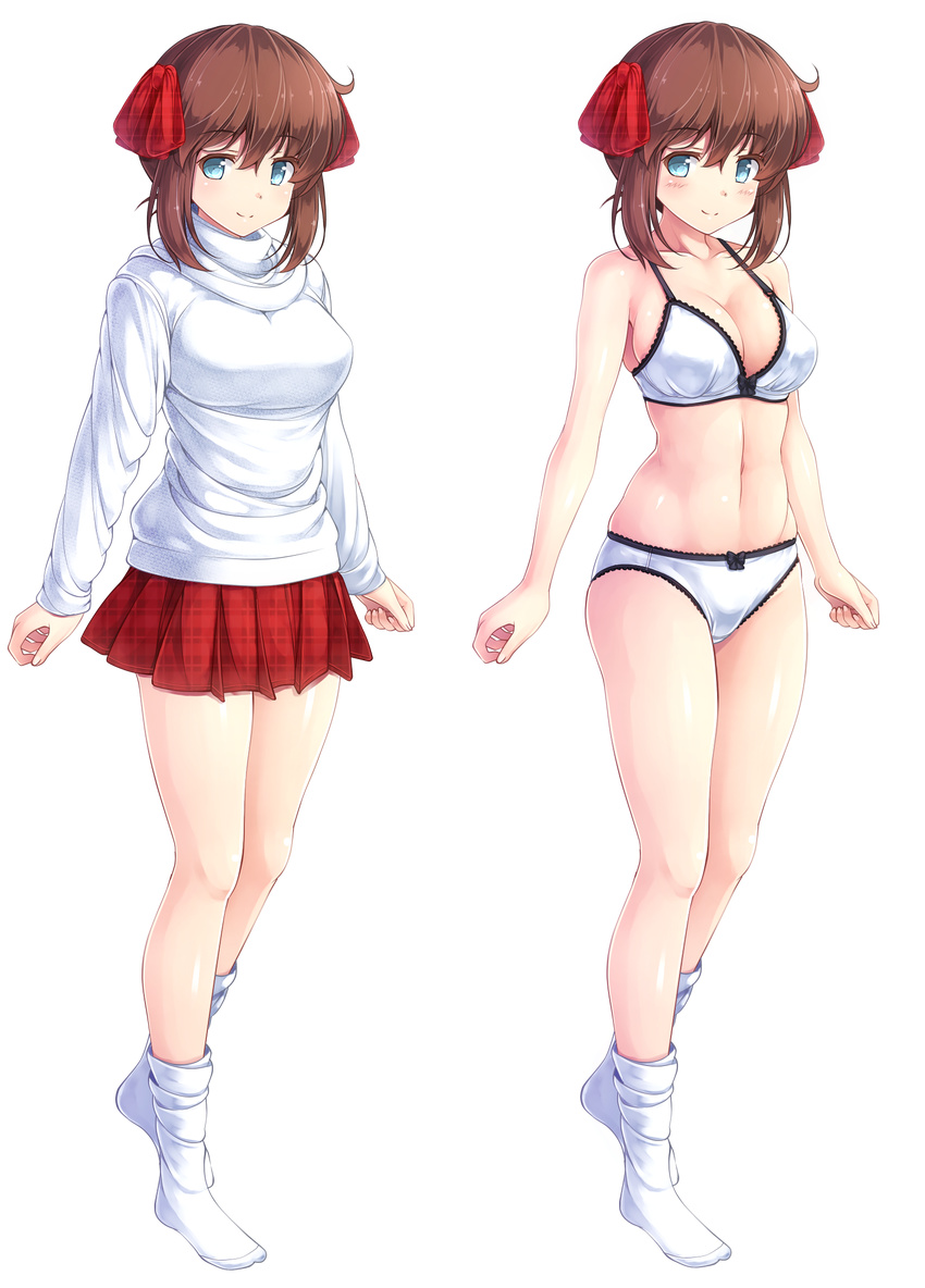 bad_id bad_pixiv_id blue_eyes bra breasts brown_hair cleavage hair_ribbon highres hirokawa_takemi komimiyako large_breasts navel panties power_pro_kun_pocket power_pro_kun_pocket_9 ribbon skirt socks underwear underwear_only