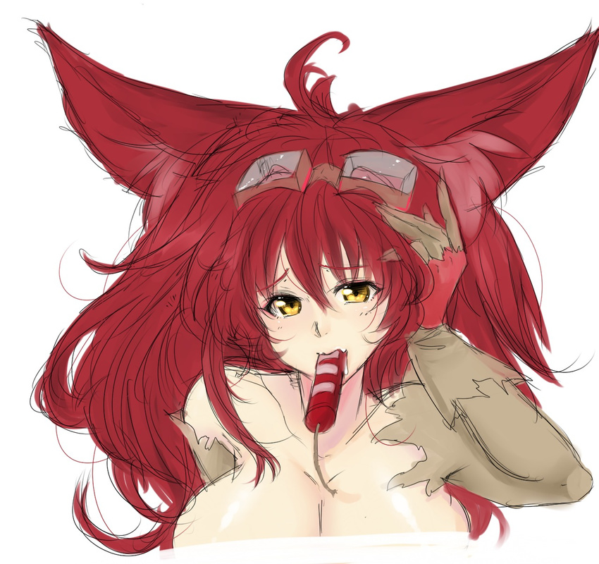 1girl ahoge animal_ears big_hair borrowed_character breasts cat_ears cleavage dynamite goggles goggles_on_head highres huge_breasts long_hair mouth_hold nellko_agogo original out-of-frame_censoring red_hair solo steffydoodles yellow_eyes
