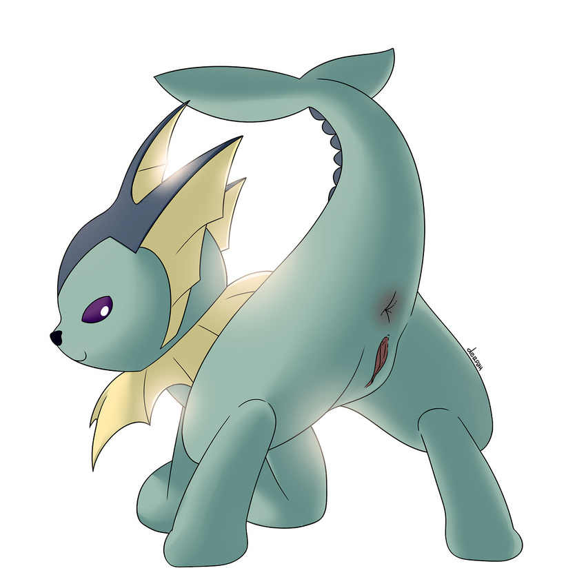 anus derpah eeveelution female looking_back nintendo plain_background pok&eacute;mon purple_eyes pussy raised_tail smile solo vaporeon video_games