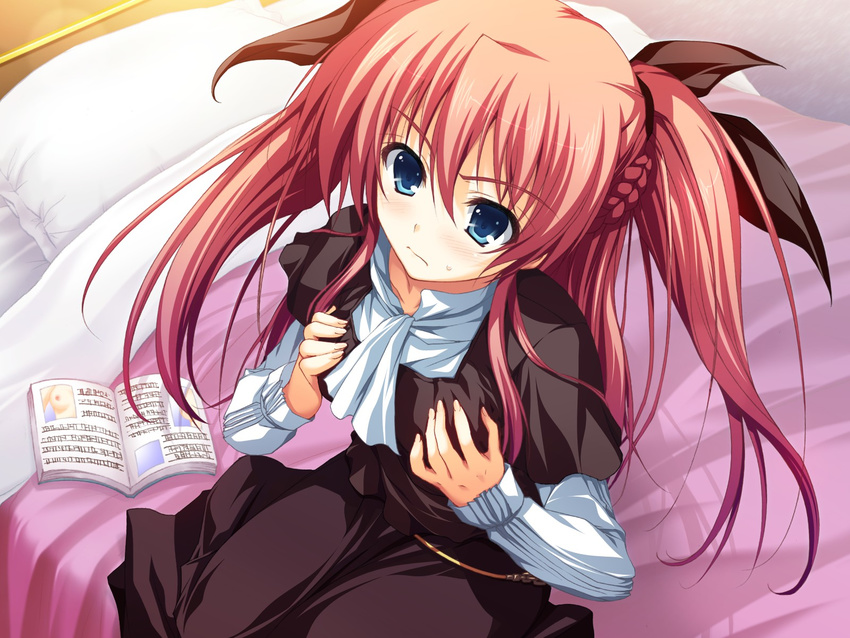 akatsuki_no_goei angry ascot blue_eyes blush book braid breasts dress frown game_cg hair_ribbon half_updo highres long_hair nikaidou_reika on_bed pink_hair ribbon self_fondle sitting sitting_on_bed small_breasts solo sphere_(group) tomose_shunsaku two_side_up