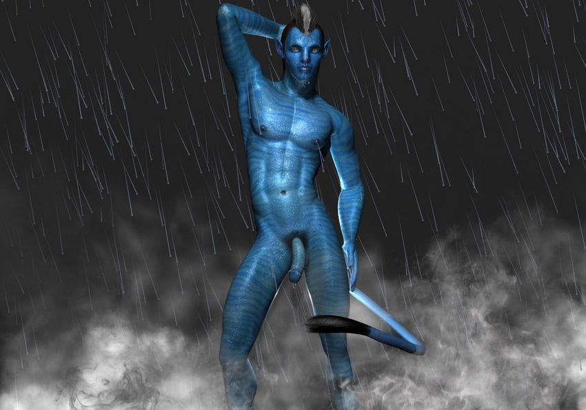 3d avatar balls blue_body blue_skin cgi james_cameron's_avatar looking_at_viewer male muscles na'vi nude penis poser rain