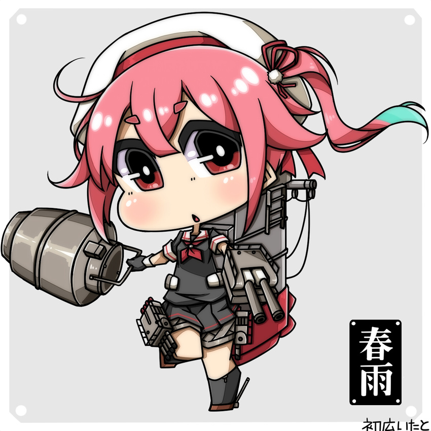 blue_hair chibi gradient_hair harusame_(kantai_collection) hat highres holding kantai_collection long_hair looking_at_viewer machinery multicolored_hair red_eyes red_hair school_uniform serafuku shokuyou_pants side_ponytail solo turret two-tone_hair