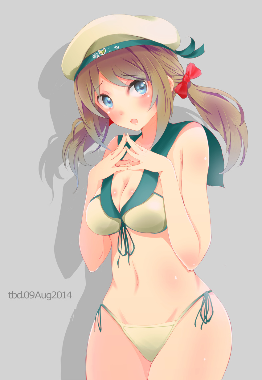 :o absurdres adapted_costume artist_name beret bikini blue_eyes blush bow breasts brown_hair clothes_writing cowboy_shot dated error_musume front-tie_bikini front-tie_top girl_holding_a_cat_(kantai_collection) grey_background hair_bow hat highres kantai_collection large_breasts looking_at_viewer navel sailor_bikini sailor_collar shadow shoshinsha_mark side-tie_bikini simple_background solo steepled_fingers swimsuit tebi_(tbd11) twintails