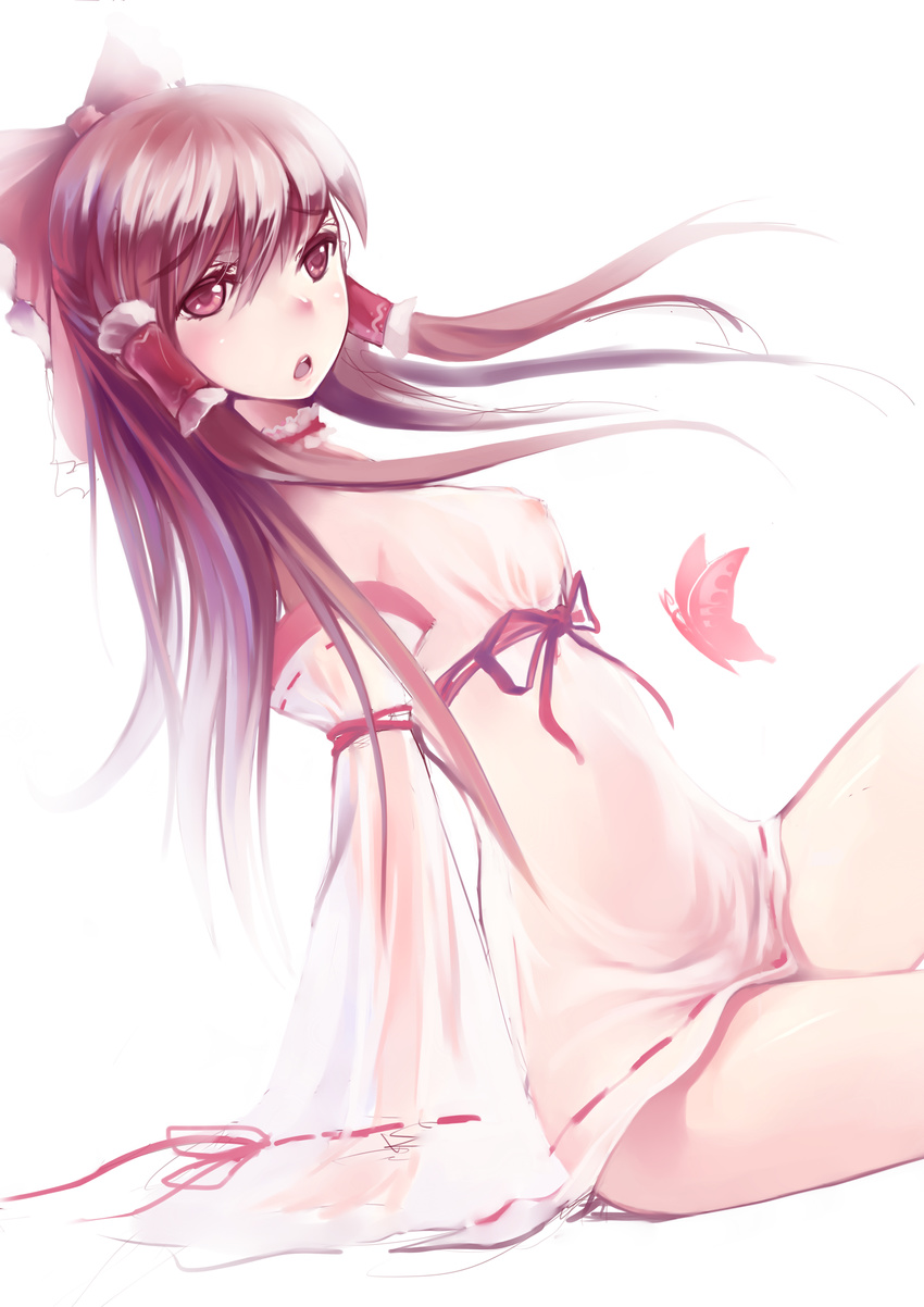 absurdres alternate_costume arm_support bow breasts brown_eyes brown_hair bug butterfly covered_nipples detached_sleeves dress dutch_angle hair_bow hair_tubes hakurei_reimu highres insect leaning_back lips long_hair looking_at_viewer looking_to_the_side mou_kankan naked_shirt no_bra no_panties no_pants open_mouth ribbon-trimmed_clothes ribbon-trimmed_sleeves ribbon_trim see-through shirt simple_background small_breasts solo touhou white_background white_dress