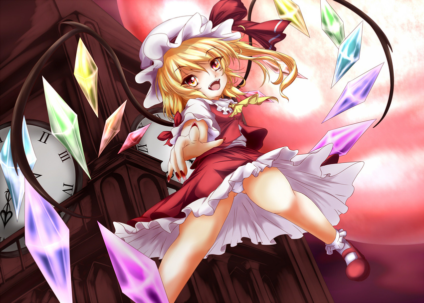 :d ascot aya-on_(miria00) bare_legs blonde_hair clock clock_tower flandre_scarlet frilled_skirt frills hat hat_ribbon highres mary_janes mob_cap open_mouth panties pantyshot red_eyes red_sky ribbon scarlet_devil_mansion shoes short_hair short_sleeves skirt sky smile touhou tower underwear vest wings