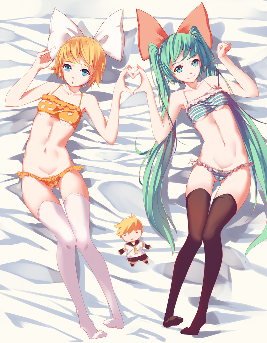 2girls :x absurdres aqua_eyes aqua_hair ass_visible_through_thighs bandeau bed_sheet black_legwear blonde_hair blue_eyes bow bow_panties breasts character_doll chestnut_mouth collarbone crop_top doll frilled_panties frills full_body gesture hair_bow hand_on_headwear hatsune_miku heart heart_hands heart_hands_duo highres kagamine_len kagamine_rin long_hair looking_at_viewer lying mou_kankan multiple_girls on_bed open_mouth panties paw_pose polka_dot polka_dot_panties sailor_collar short_hair shorts small_breasts smile strapless striped striped_panties symmetrical_hand_pose symmetrical_pose thighhighs twintails underboob underwear very_long_hair vocaloid white_legwear