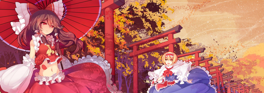 alice_margatroid ascot autumn autumn_leaves bird blonde_hair bow brown_hair capelet detached_sleeves dress flock forest hair_bow hair_tubes hakurei_reimu hand_on_own_chest highres midriff multiple_girls multiple_torii narrowed_eyes nature navel open_mouth orange_eyes outdoors rain_lan red_eyes ribbon short_hair skirt sleeves_past_wrists torii touhou