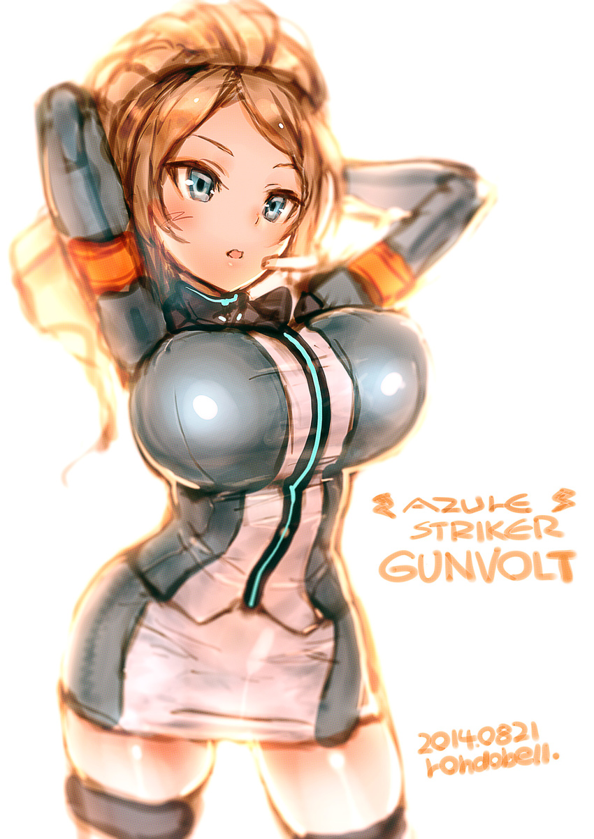 arms_behind_head azure_striker_gunvolt blue_eyes breasts brown_hair highres huge_breasts monica_(gunvolt) open_mouth ponytail rondo_bell skirt solo thighhighs white_background