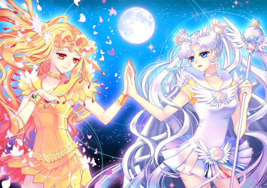 bishoujo_senshi_sailor_moon blonde_hair blue_eyes brooch brown_eyes choker double_bun earrings full_moon gradient_hair hands_together jewelry long_hair magical_girl micpaca02 moon multicolored_hair multiple_girls orange_hair petals red_hair sailor_collar sailor_cosmos sailor_galaxia sailor_senshi_uniform skirt smile staff twintails very_long_hair white_choker white_hair white_sailor_collar wrist_cuffs