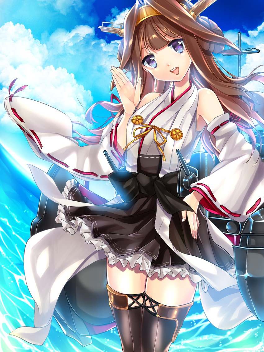 anthropomorphization brown_eyes brown_hair hairband japanese_clothes kantai_collection kongou_(kantai_collection) long_hair looking_at_viewer nontraditional_miko open_mouth poko_(mammypoko) solo thighhighs wide_sleeves