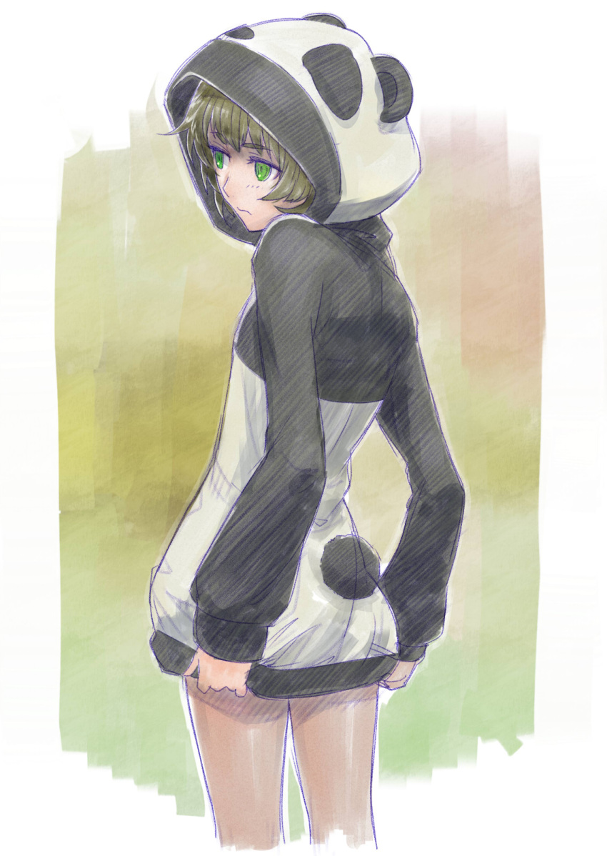 1girl animal_hood animal_print bangs bear_print border closed_mouth cowboy_shot cropped_legs eyebrows_visible_through_hair faux_traditional_media flat_chest from_behind green_eyes green_hair highres hiyajou_maho hood hood_up hoodie long_sleeves looking_to_the_side menomorute panda_hood panda_print ringed_eyes sidelocks simple_background solo steins;gate steins;gate_0 wavy_mouth white_border