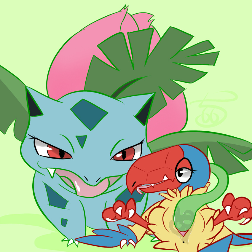 anus archen avian couple eye_contact female green_background half-closed_eyes ivysaur lesbian nintendo pcred566 penetration plain_background pok&eacute;mon pussy pussy_juice sex tongue tongue_out vaginal vaginal_penetration video_games vine