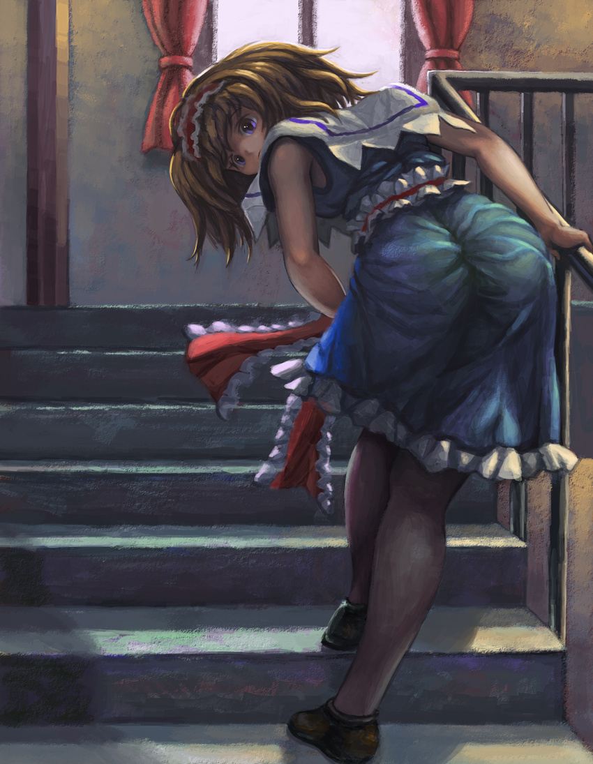 alice_margatroid ass blonde_hair curtains dress frilled_dress frills hairband handrail highres looking_at_viewer looking_back pantyhose purple_eyes short_hair sleeveless stairs syuraime_0 touhou window