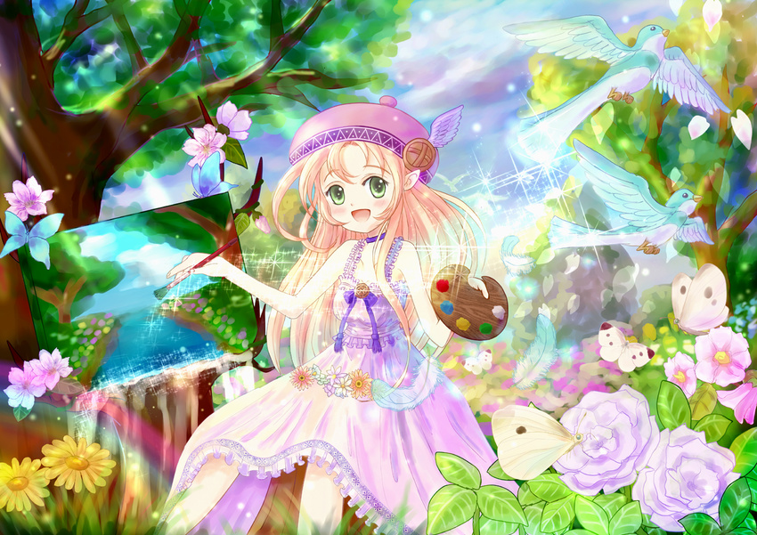 :d art_brush bird blonde_hair bug butterfly canvas_(object) choker daiso dress faux_traditional_media flower green_eyes hat holding insect long_hair looking_at_viewer oekaki_musume open_mouth original paintbrush painting palette pointy_ears purple_dress smile solo_focus tree