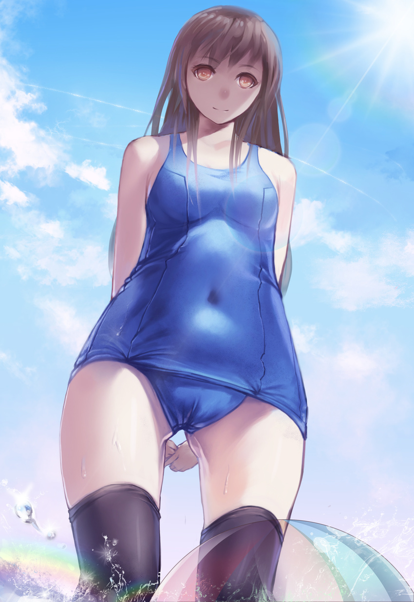 absurdres arms_behind_back ball beachball black_legwear blue_sky breasts brown_hair cameltoe cloud condensation_trail covered_navel day from_below highres lens_flare long_hair looking_at_viewer looking_down mou_kankan one-piece_swimsuit orange_eyes original rainbow school_swimsuit sky small_breasts smile solo splashing sun swimsuit thighhighs water