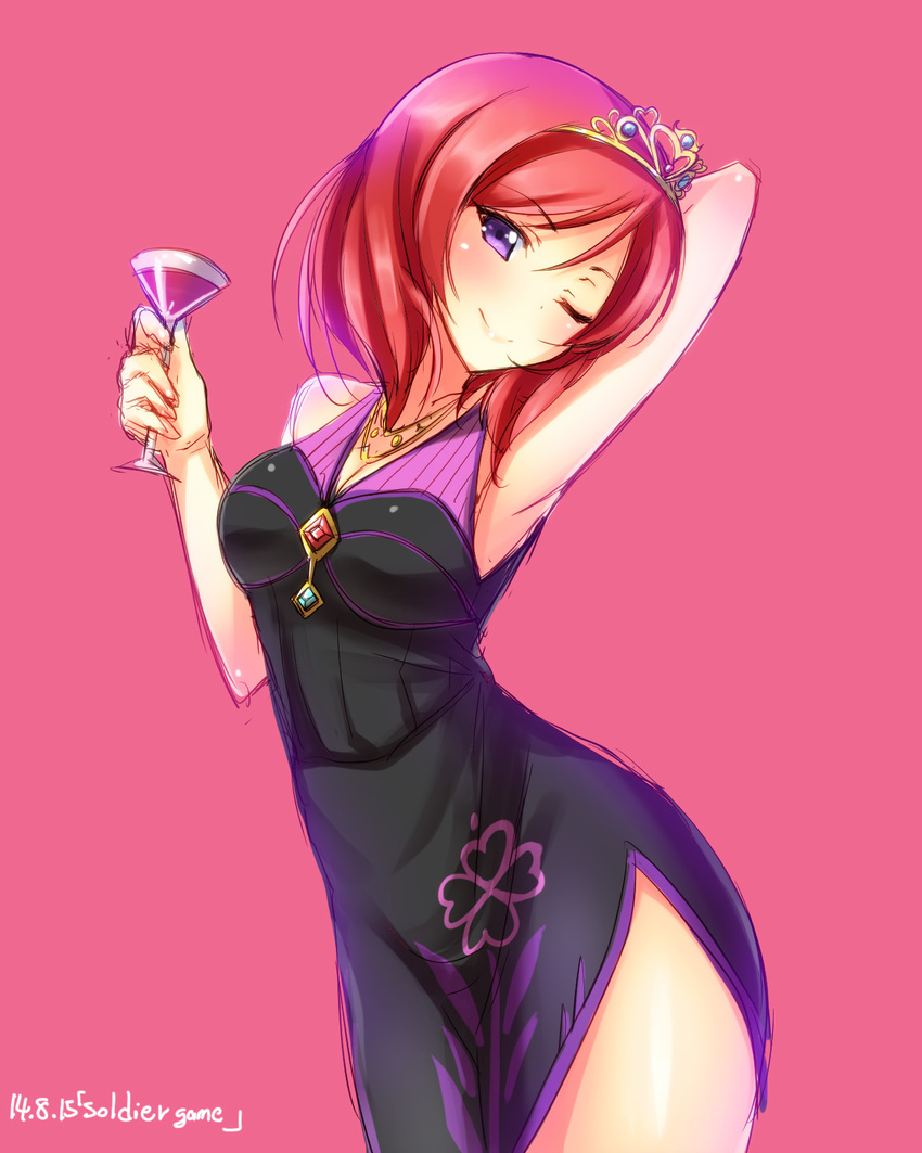 2014 alcohol armpits bare_shoulders glass highres jewelry looking_at_viewer love_live! love_live!_school_idol_project necklace nishikino_maki one_eye_closed purple_eyes red_hair simple_background smile soldier_game solo song_name tiara wine yu-ta