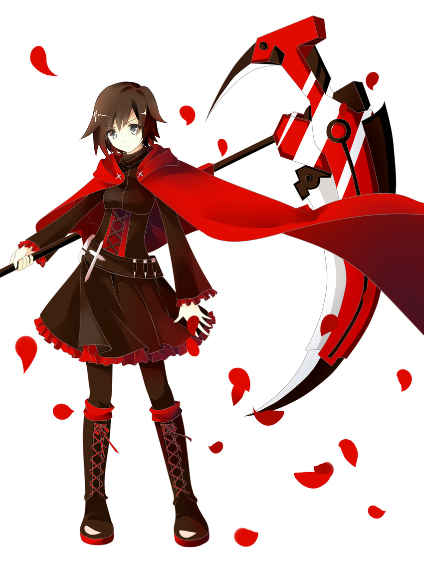 absurdres boots brown_hair cape cross cross-laced_footwear dress frills full_body highres lace-up_boots pantyhose petals rose_petals ruby_rose rwby ryo_neko scythe short_hair simple_background skirt solo thighhighs weapon white_background