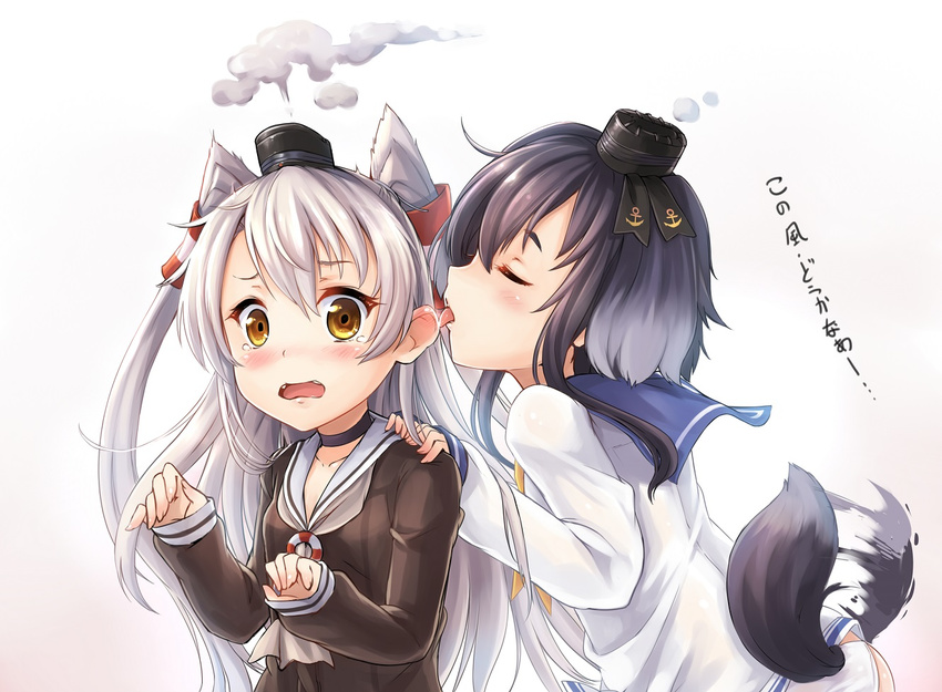 amatsukaze_(kantai_collection) animal_ears black_hair blush brown_eyes choker closed_eyes dog_tail dress ear_licking gradient gradient_background gradient_hair grey_hair grey_neckwear hair_tubes hand_on_another's_shoulder hat kantai_collection ks licking long_hair long_sleeves mini_hat multicolored_hair multiple_girls neckerchief open_mouth panties sailor_collar sailor_dress school_uniform serafuku short_hair silver_hair sleeves_past_wrists smoke smokestack tail tail_wagging tears tokitsukaze_(kantai_collection) translated two_side_up underwear white_panties yellow_eyes