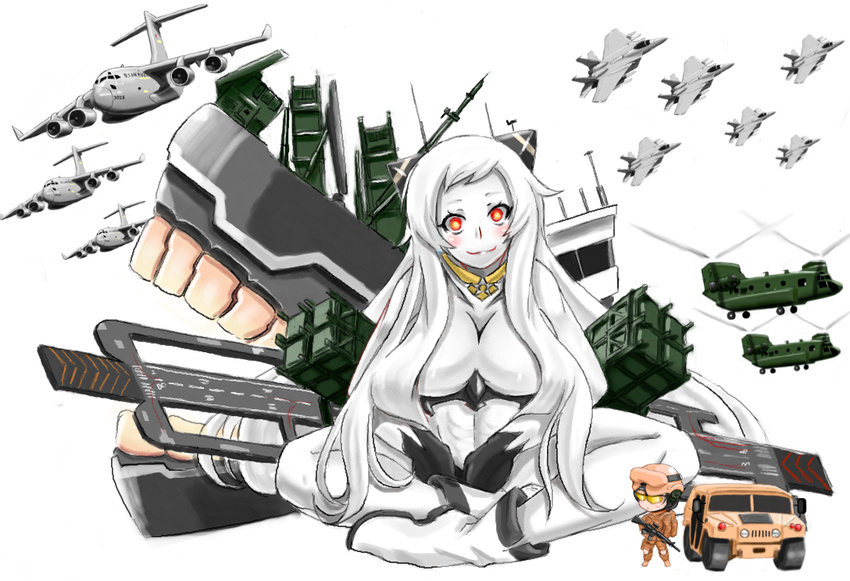 1girl aircraft airfield airfield_hime bad_id bad_pixiv_id black_gloves black_hands boeing_c-17 boots breastplate breasts car cargo_aircraft ch-47_chinook chibi commentary_request control_tower crest f-15_eagle gloves glowing glowing_eyes goggles goggles_on_headwear ground_vehicle headset helmet horns humvee kantai_collection knee_pads large_breasts long_hair military military_base military_uniform military_vehicle motor_vehicle pale_skin radio_tower red_eyes runway saizu_nitou_gunsou shinkaisei-kan solo_focus teeth uniform white_hair white_skin yokota_air_base