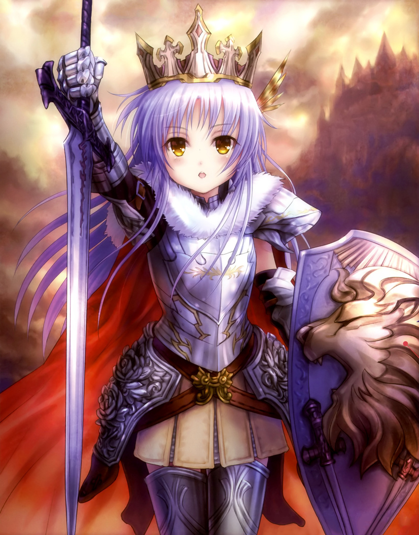 absurdres angel_beats! armor crown goto_p highres leo lion long_hair shield silver_hair sword tenshi_(angel_beats!) thighhighs weapon yellow_eyes