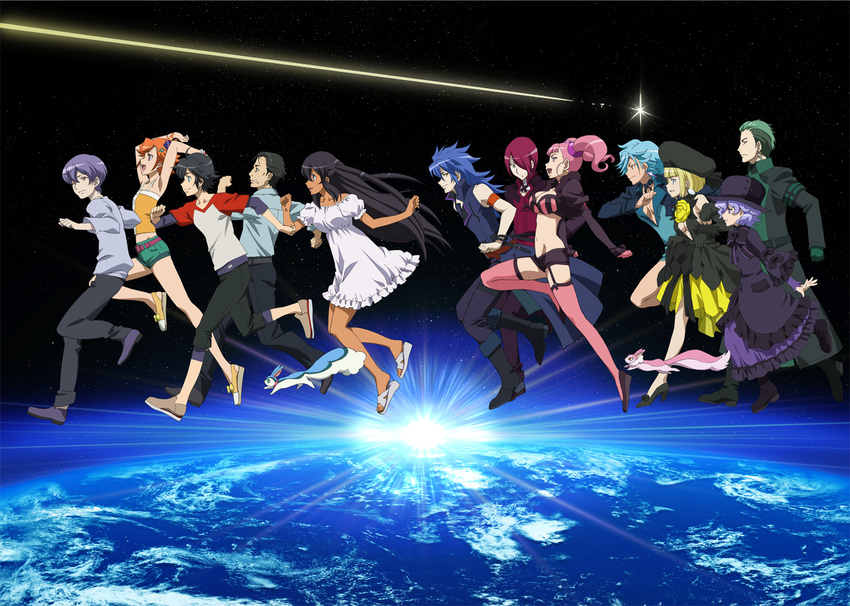 6+girls ai_(captain_earth) amara_(captain_earth) arashi_teppei baku_(captain_earth) belt black_hair blonde_hair blue_eyes captain_earth earth girly_running green_hair lappa lavender_hair lin_(captain_earth) long_hair manatsu_daichi moco_(captain_earth) multiple_boys multiple_girls mutou_hana nishikubo_tsutomu official_art orange_hair pitz purple_hair red_hair running setsuna_(captain_earth) shooting_star short_hair space squirrel twintails very_long_hair yomatsuri_akari zin_(captain_earth)