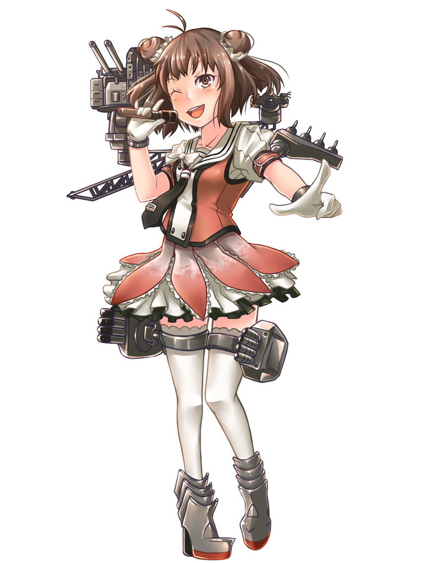 ;d antenna_hair bad_id bad_pixiv_id double_bun full_body gloves highres holding kantai_collection kuro-hero looking_at_viewer machinery microphone naka_(kantai_collection) one_eye_closed open_mouth pointing pointing_at_viewer school_uniform serafuku simple_background smile solo thighhighs two_side_up white_background white_gloves white_legwear zettai_ryouiki