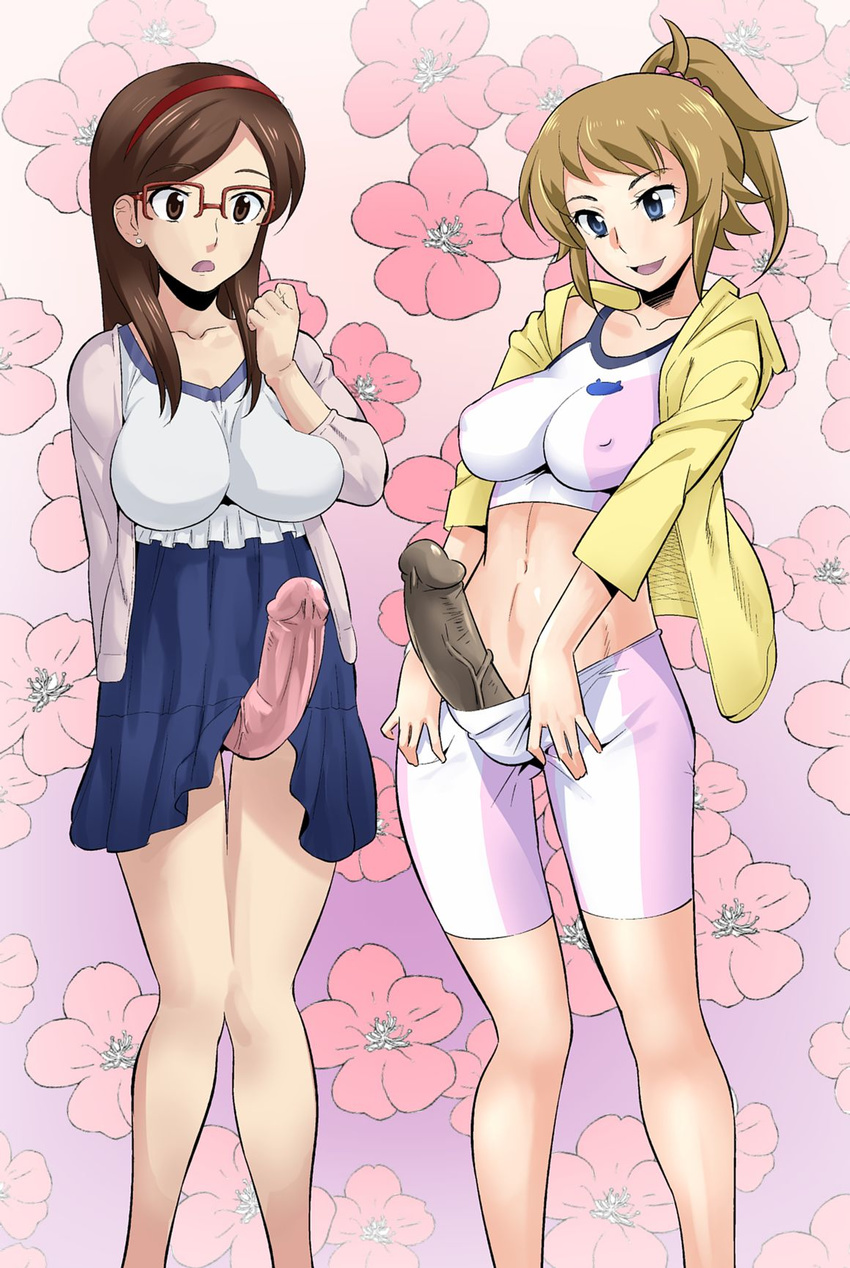 bike_shorts blue_eyes breasts brown_eyes brown_hair core-suke covered_nipples dildo earrings flower futanari glasses gundam gundam_build_fighters gundam_build_fighters_try hairband highres hoshino_fumina jacket jewelry kousaka_china large_breasts large_penis long_hair midriff multiple_girls navel older penis ponytail sports_bra