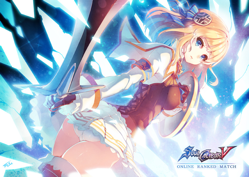 blonde_hair blue_eyes breasts gloves hair_ornament highres long_hair looking_at_viewer medium_breasts panties pyrrha_alexandra shield skirt solo soulcalibur soulcalibur_v sword tel-o thighhighs underwear wallpaper weapon