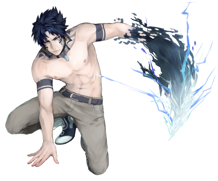 abs arm_support bad_id bad_pixiv_id belt blue_hair collar dramatical_murder earrings full_body jewelry macaroni_(piyo4508) male_focus ren_(dramatical_murder) shirtless solo spiked_collar spikes tattoo transparent_background