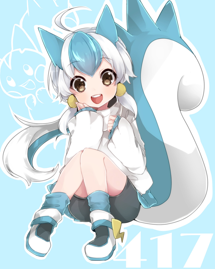 ahoge animal_ears blue_hair brown_eyes gen_4_pokemon highres looking_at_viewer multicolored_hair open_mouth pachirisu personification pokemon smile solo squirrel_tail tail takeshima_(nia) white_hair
