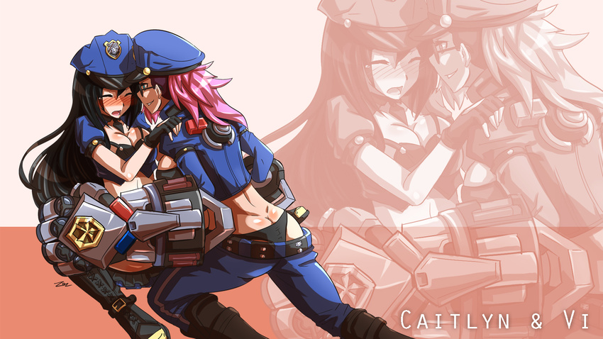 ass belt black_bra black_hair blush bra breasts butt_crack caitlyn_(league_of_legends) cleavage closed_eyes frown grin highres large_breasts league_of_legends midriff multiple_girls nose_blush officer_caitlyn officer_vi parted_lips pink_hair police police_uniform sexually_suggestive smile sollyz spread_legs studded_belt teeth underwear uniform vi_(league_of_legends) wince yuri zoom_layer