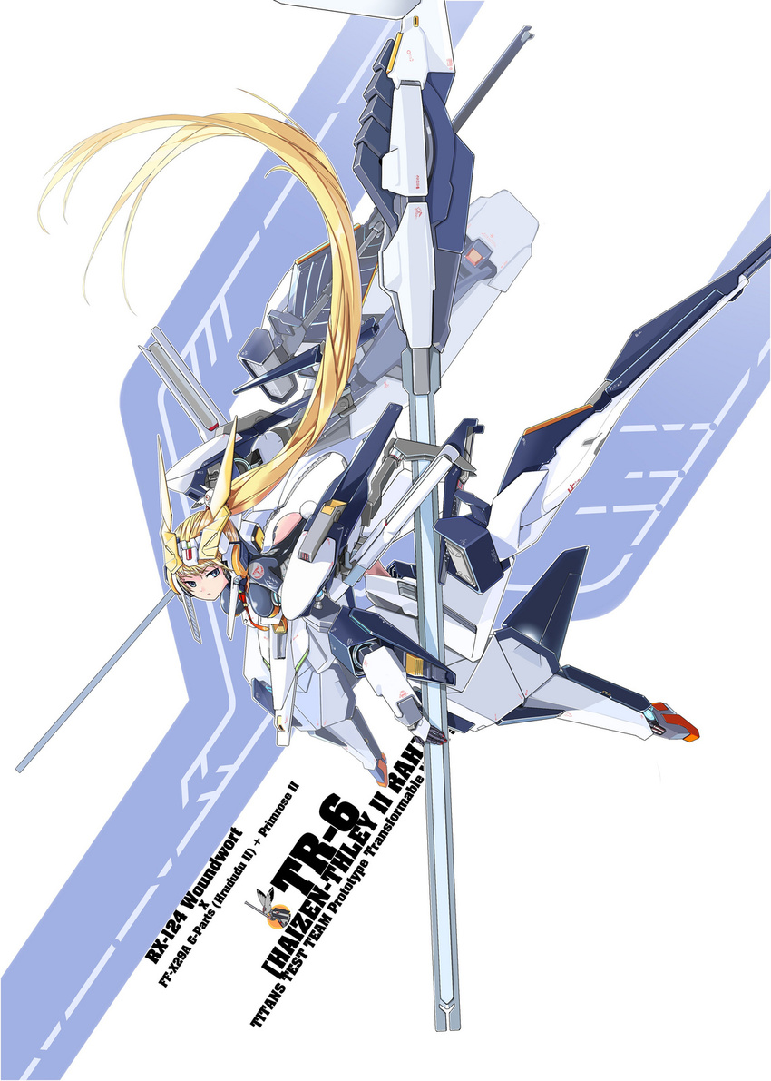 :o absurdly_long_hair advance_of_zeta armor armored_boots blonde_hair blue_eyes boots breasts full_body gundam headgear highres large_breasts long_hair machinery mecha_musume mechanical_wings ohland parted_lips personification serious simple_background skin_tight solo tr-6_woundwort very_long_hair weapon white_background wings
