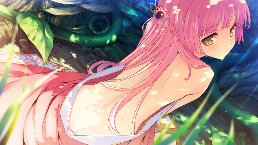 back bare_back clothes_down dappled_sunlight dutch_angle from_behind game_cg hair_ornament kleito_(tears_to_tiara_ii) long_hair looking_at_viewer looking_back off_shoulder outdoors pink_hair smile solo sunlight sweat tatami_to_hinoki tears_to_tiara tears_to_tiara_ii tree_shade yellow_eyes