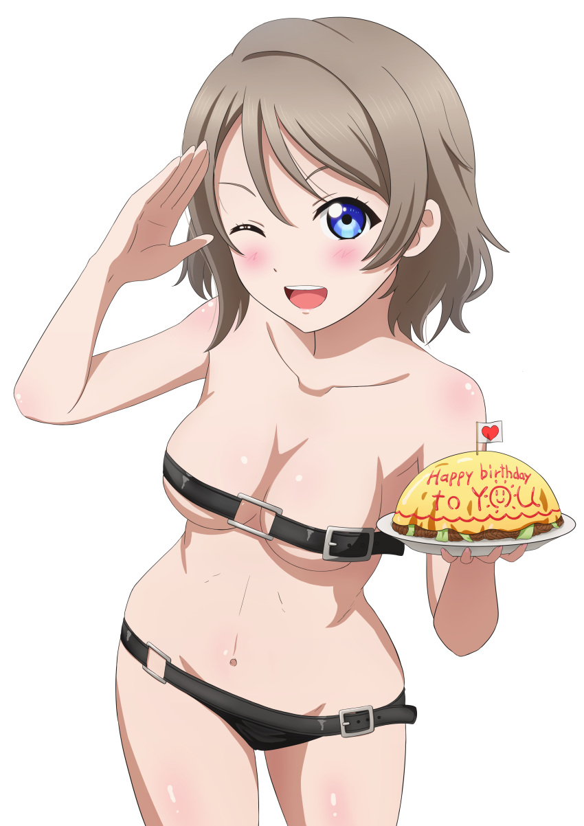 1girl bare_arms bare_legs bare_shoulders belt blue_eyes breasts grey_hair happy_birthday looking_at_viewer love_live! love_live!_sunshine!! medium_breasts medium_hair navel open_mouth rere_(rere_tim) salute simple_background smile solo standing watanabe_you white_background