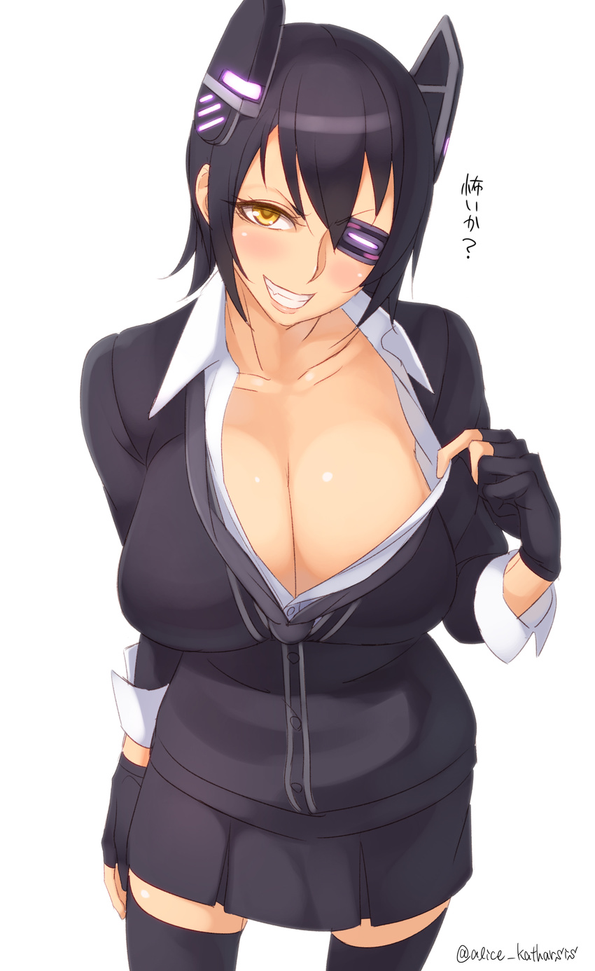 absurdres bad_id bad_pixiv_id breasts cardigan cleavage come_hither dress_shirt eyepatch gloves grin headgear highres huge_breasts kantai_collection kedama_keito purple_hair school_uniform shirt short_hair smile solo tenryuu_(kantai_collection) thighhighs translated twitter_username yellow_eyes