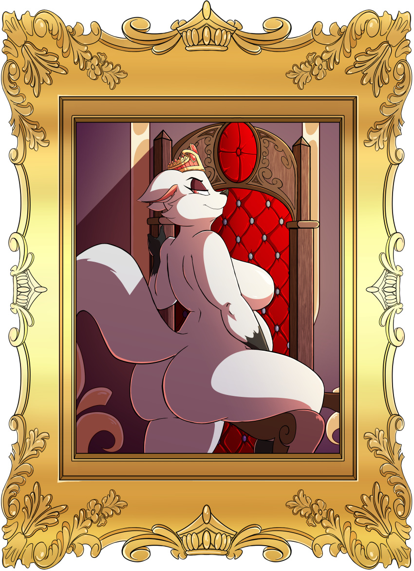 absurd_res anthro bedroom_eyes big_breasts big_butt breasts butt canine chair crown detailed_background ears_down eyeshadow female fox fur gloves_(marking) goblinhordestudios half-closed_eyes hi_res looking_at_viewer looking_back makeup mammal markings mostly_nude nakhta picture_frame pose queen red_eyes royalty seductive side_boob slightly_chubby smaller_version_at_source smile smirk socks_(marking) solo thick_thighs throne tiara voluptuous white_fur