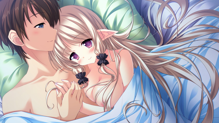 1girl bed blonde_hair blush breasts collarbone game_cg julia_lin_road long_hair magical_marriage_lunatics!! nipples nude pillow pointy_ears smile yamakaze_ran