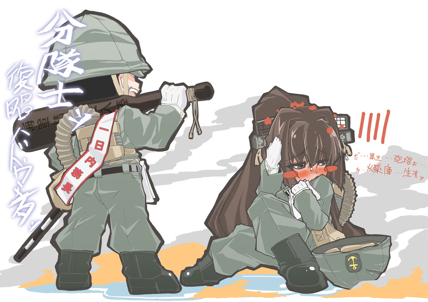1girl alternate_costume black_hair blush blush_stickers brown_hair hair_ornament hat kantai_collection long_hair military military_hat military_uniform msugi naval_uniform open_mouth ponytail sitting translation_request uniform yamato_(kantai_collection)