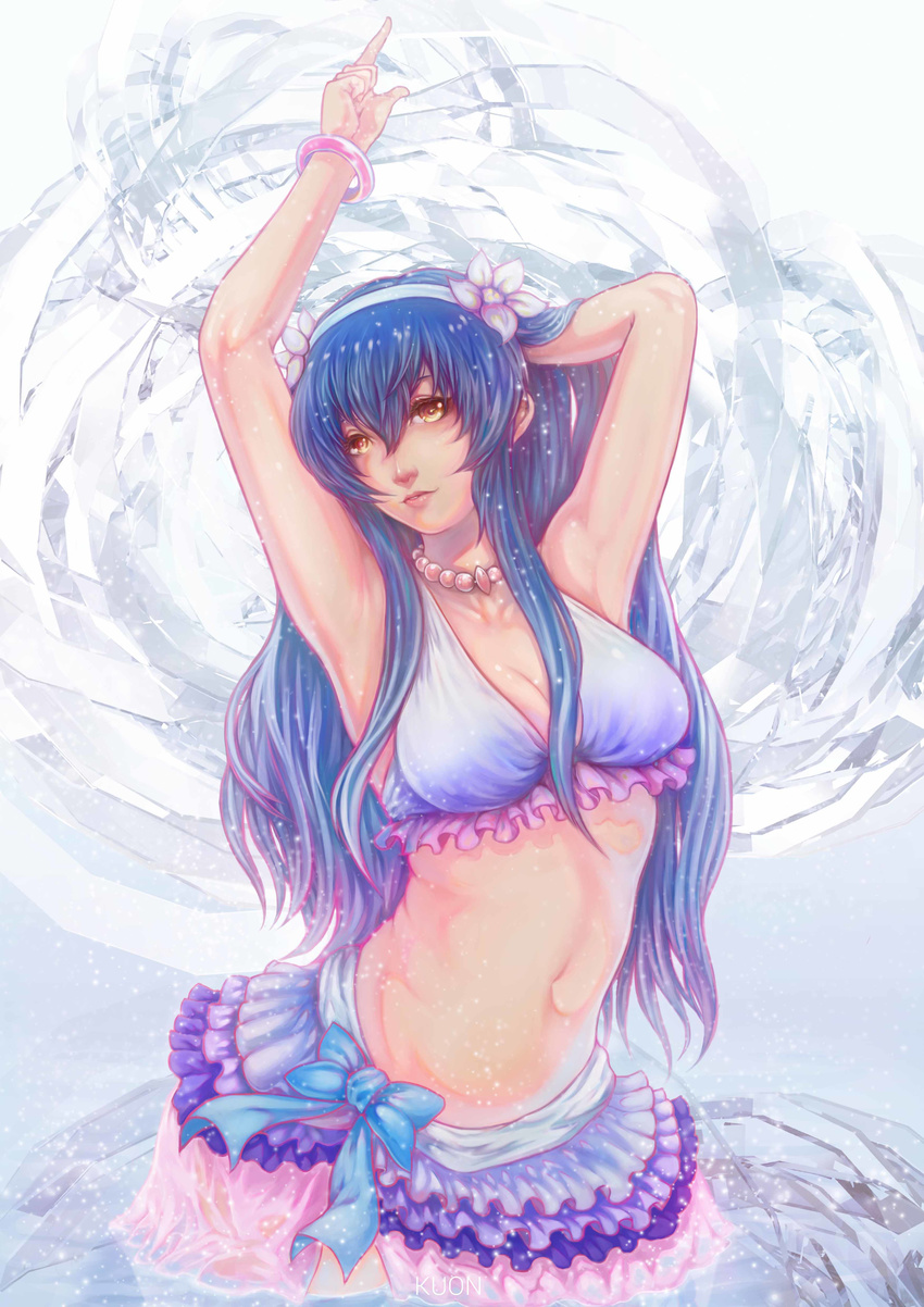 absurdres arms_up artist_name bad_id bad_pixiv_id bikini bikini_skirt blue_bikini blue_hair bow bracelet breasts cleavage collarbone contrapposto flower frilled_bikini frilled_skirt frills grey_background hair_flower hair_ornament hairband highres jewelry kuon_(kwonchanji) large_breasts light_particles lips long_hair looking_to_the_side looking_up love_live! love_live!_school_idol_project natsuiro_egao_de_1_2_jump! navel nose parted_lips pointing skirt solo sonoda_umi standing swimsuit upper_body yellow_eyes