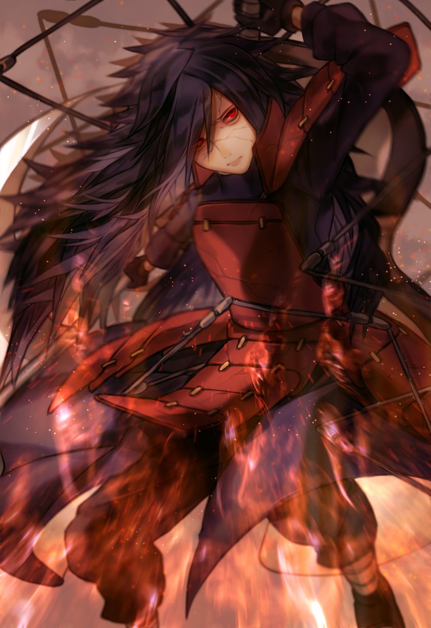 armor big_hair black_hair cracked_skin edo_tensei highres long_hair male_focus naruto naruto_(series) naruto_shippuuden ninja red_eyes sharingan spiked_hair uchiha_madara very_long_hair weapon yasiromann