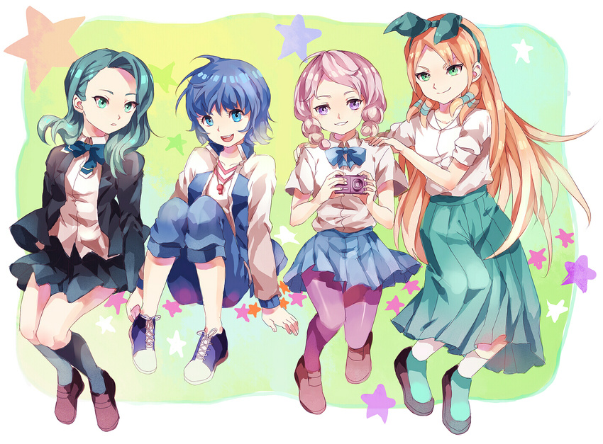 aqua_eyes aqua_hair bad_id bad_pixiv_id black_legwear blue_eyes blue_hair blue_skirt braid brown_hair camera green_eyes green_skirt inazuma_eleven_(series) inazuma_eleven_go inazuma_eleven_go_galaxy jacket junekun long_hair long_skirt looking_at_viewer mizukawa_minori multiple_girls open_clothes open_jacket open_mouth orange_hair pantyhose parted_lips purple_eyes raimon raimon_school_uniform school_uniform seto_midori short_hair skirt smile sorano_aoi star twin_braids very_long_hair whistle yamana_akane