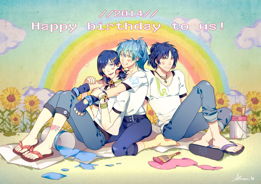 alternate_hairstyle androgynous blue_hair bow bracelet choker dramatical_murder facepaint fingerless_gloves flower gloves gu-akira hair_bow hair_ornament hairclip happy_birthday hug hug_from_behind jewelry multiple_boys necklace paint paintbrush pants pants_rolled_up ponytail rainbow ren_(dramatical_murder) sandals sei_(dramatical_murder) seragaki_aoba shirt short_twintails smile sunflower t-shirt twintails