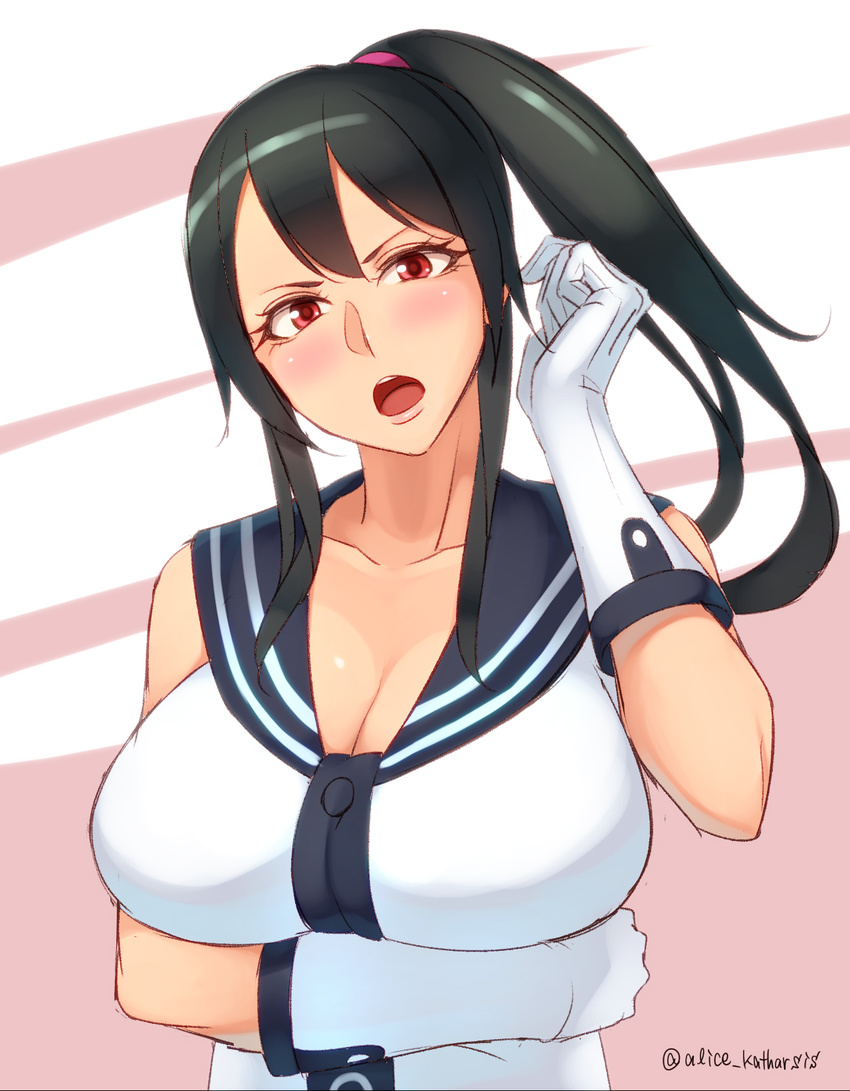 bad_id bad_pixiv_id black_hair blush breasts cleavage gloves highres kantai_collection kedama_keito large_breasts long_hair looking_at_viewer open_mouth ponytail red_eyes solo twitter_username white_gloves yahagi_(kantai_collection)