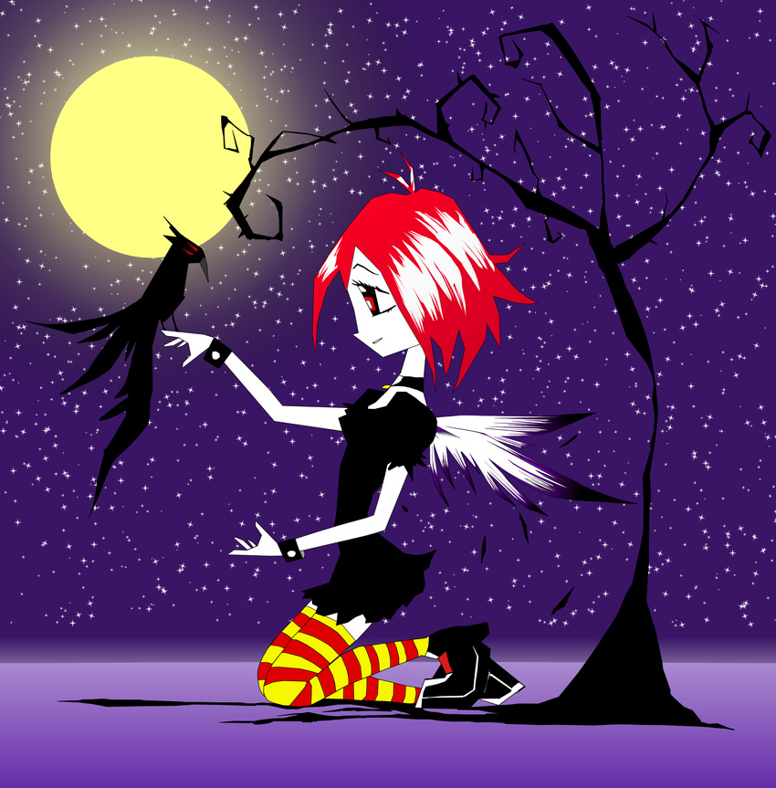 1girl angel animal bird black black_dress cuffs dress goth gothic highres jewelry moon necklace night pale_skin profile red_eyes red_hair ruby_gloom ruby_gloom_(character) shoes sky smile star stars tree vector_trace wings