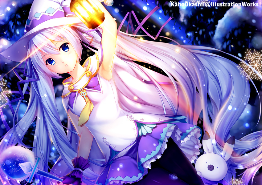 armpits black_legwear blue_eyes blue_hair cape gloves hatsune_miku kaho_okashii lantern long_hair pantyhose skirt snowflakes staff twintails vocaloid yuki_miku yukine_(vocaloid)